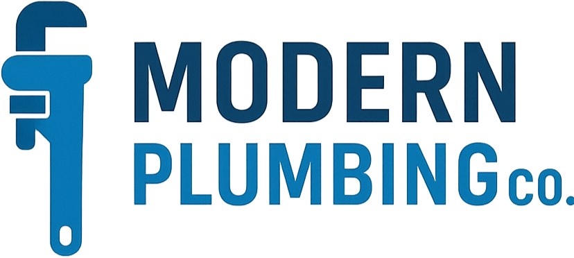 Logo of Modern Plumbing Co. with a blue wrench symbol on a white background